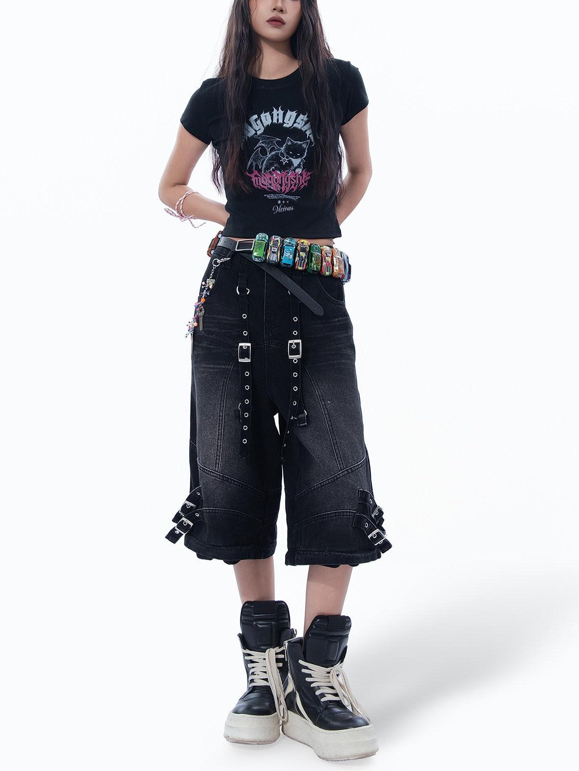 MOGONGSHE Devil Cat Graphic Subculture Set In Shoulder Slim Short Sleeve Women's Crop Tops