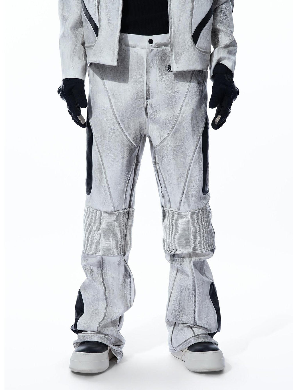 MOGONGSHE Distressed Gray White Patchwork Pleated Biker Women's Leather Flare Pants