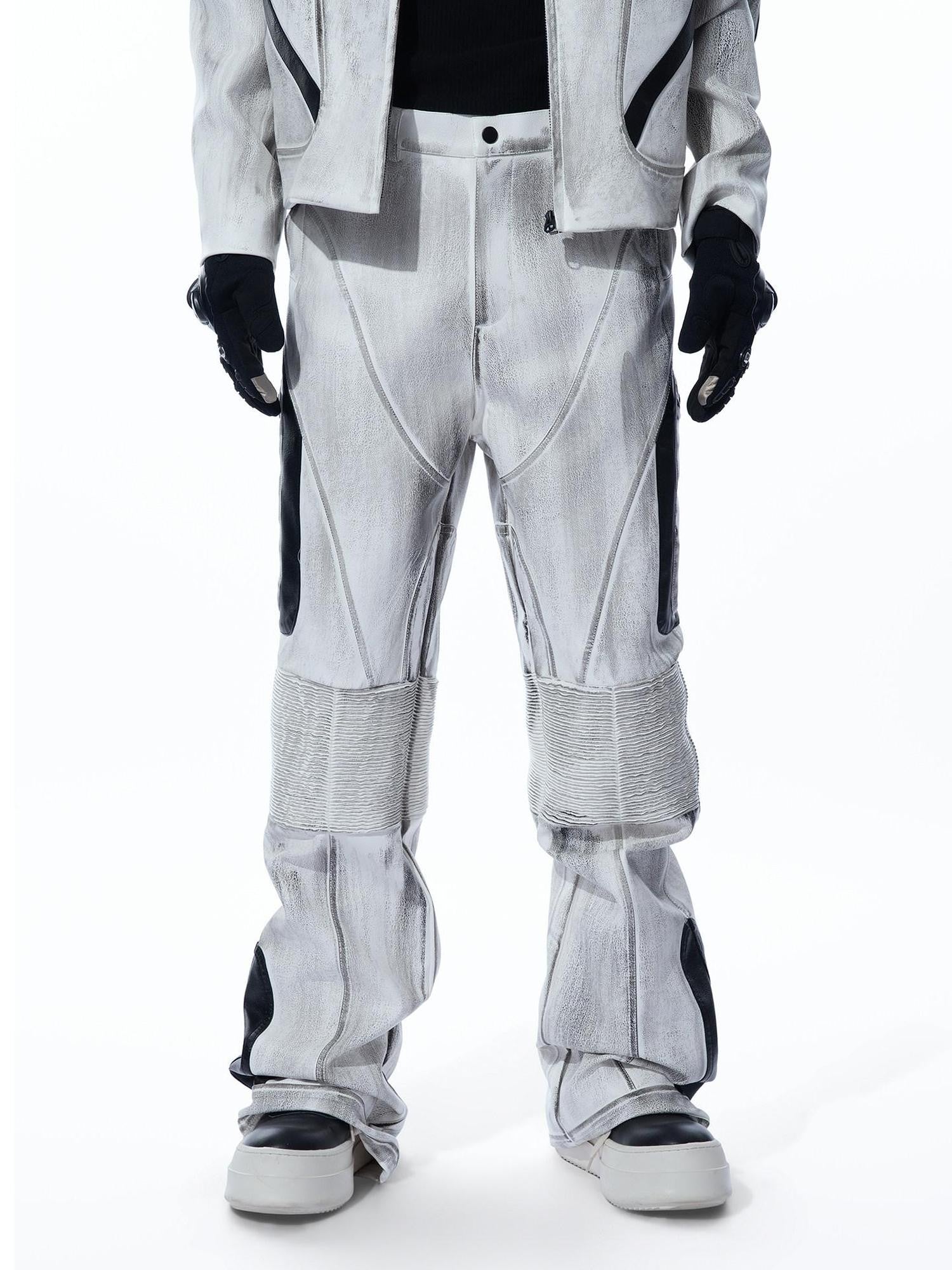 MOGONGSHE Distressed Gray White Patchwork Pleated Biker Women's Leather Flare Pants