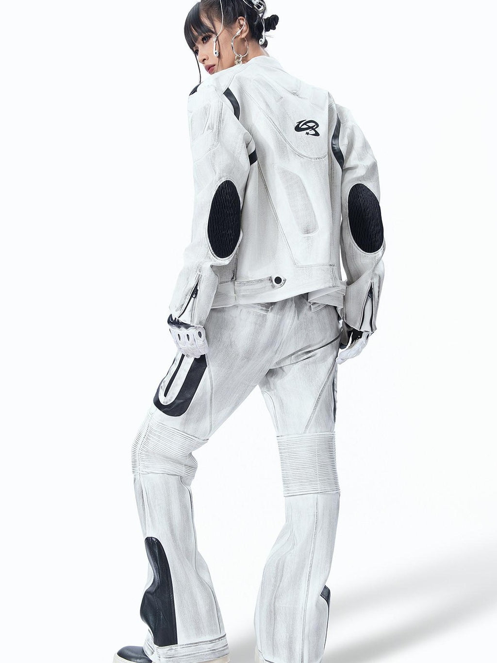 MOGONGSHE Distressed Gray White Patchwork Pleated Biker Women's Leather Flare Pants