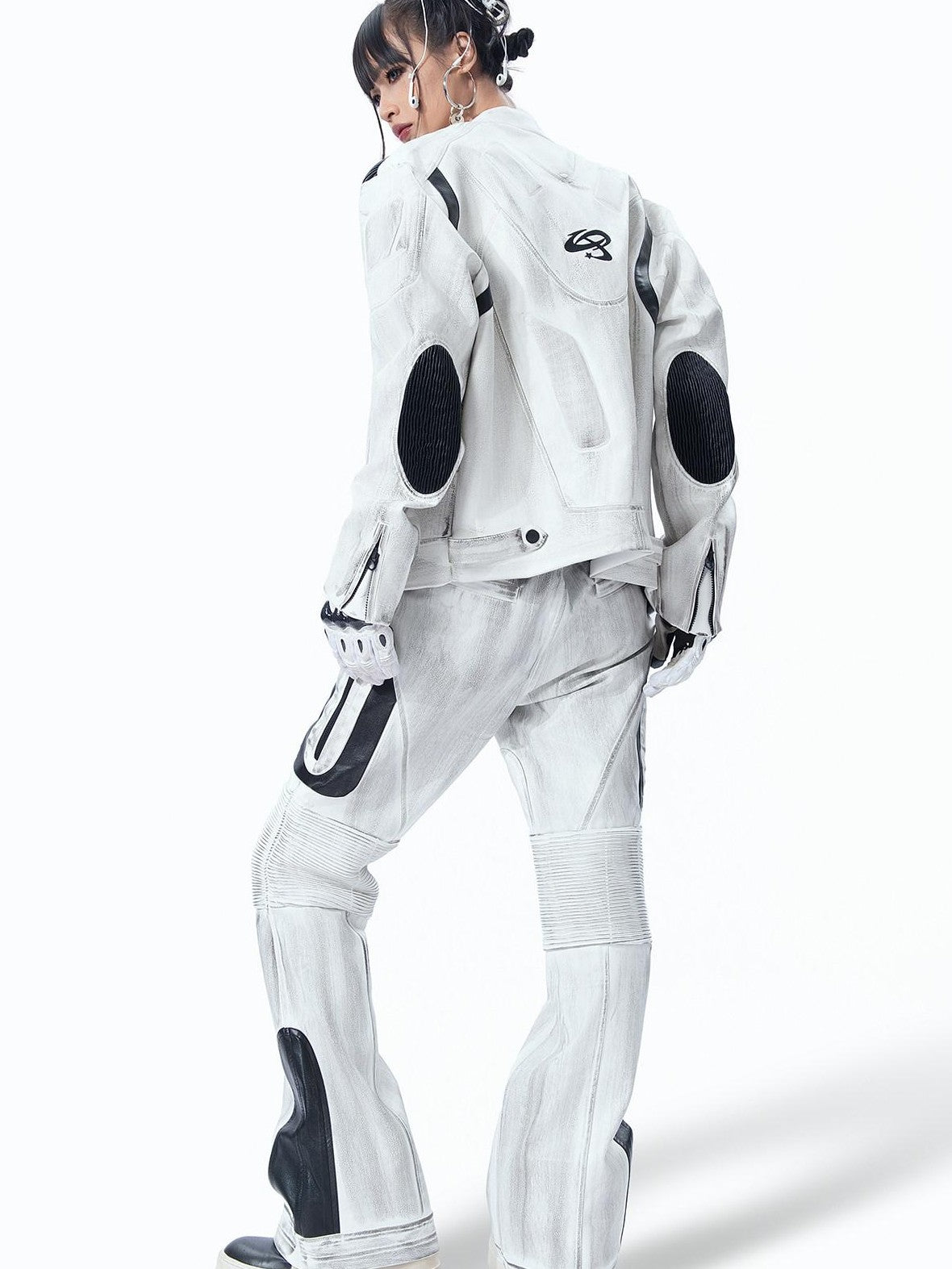 MOGONGSHE Distressed Gray White Patchwork Pleated Biker Women's Leather Flare Pants