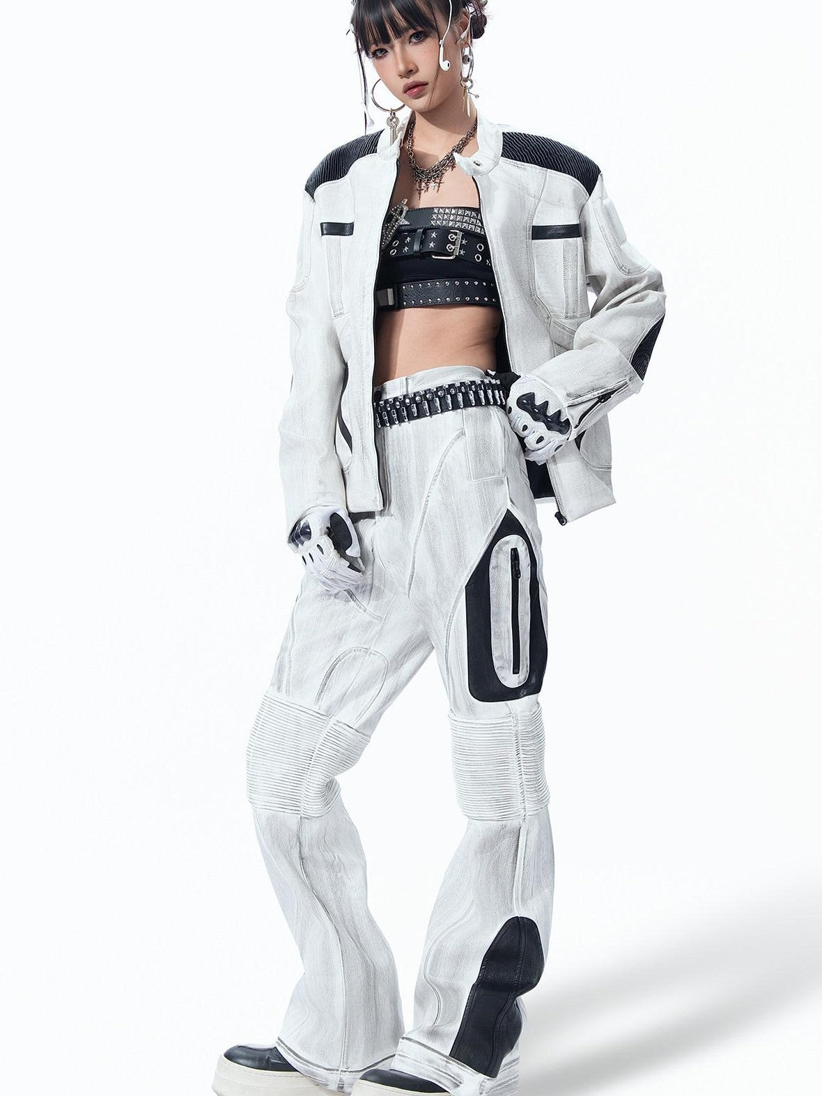 MOGONGSHE Distressed Gray White Patchwork Pleated Biker Women's Leather Flare Pants