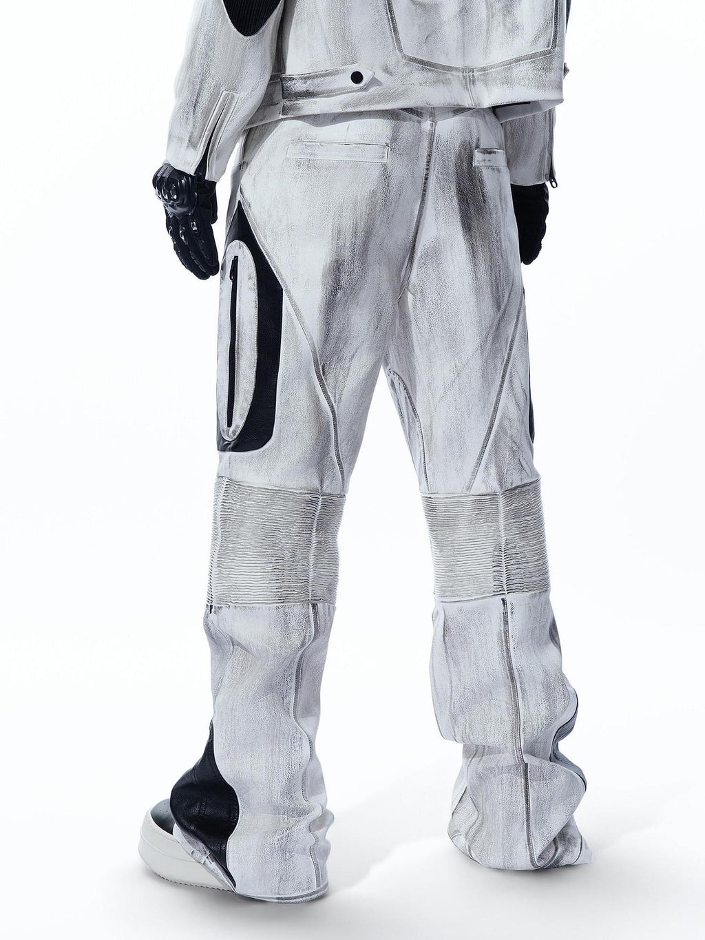 MOGONGSHE Distressed Gray White Patchwork Pleated Biker Women's Leather Flare Pants