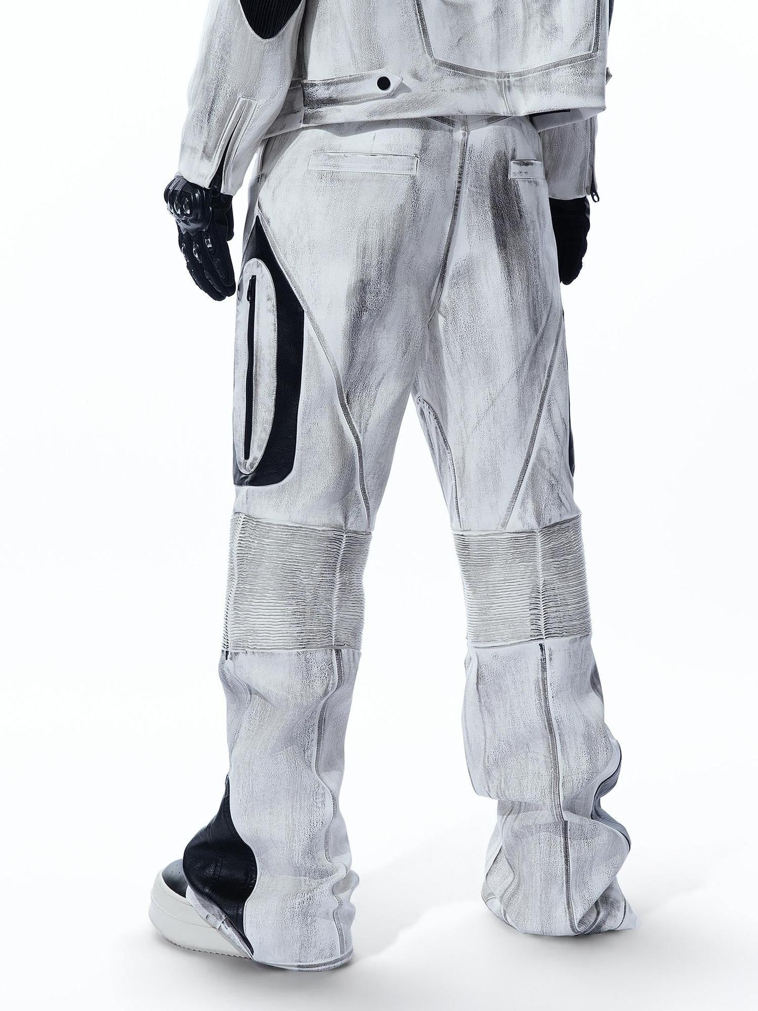 MOGONGSHE Distressed Gray White Patchwork Pleated Biker Women's Leather Flare Pants