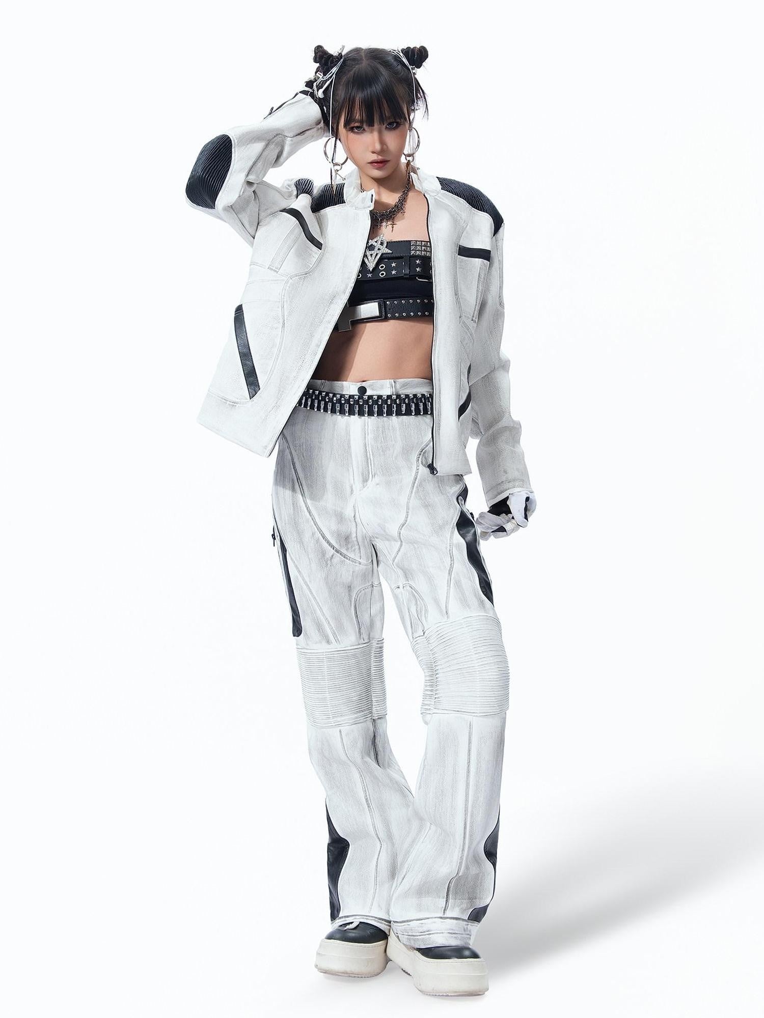 MOGONGSHE Distressed Gray White Patchwork Pleated Biker Women's Leather Flare Pants