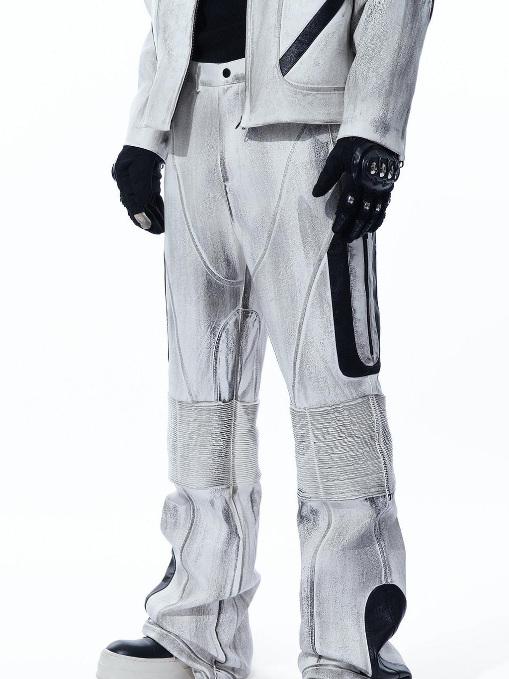 MOGONGSHE Distressed Gray White Patchwork Pleated Biker Women's Leather Flare Pants