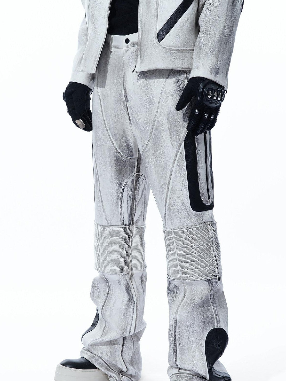 MOGONGSHE Distressed Gray White Patchwork Pleated Biker Women's Leather Flare Pants