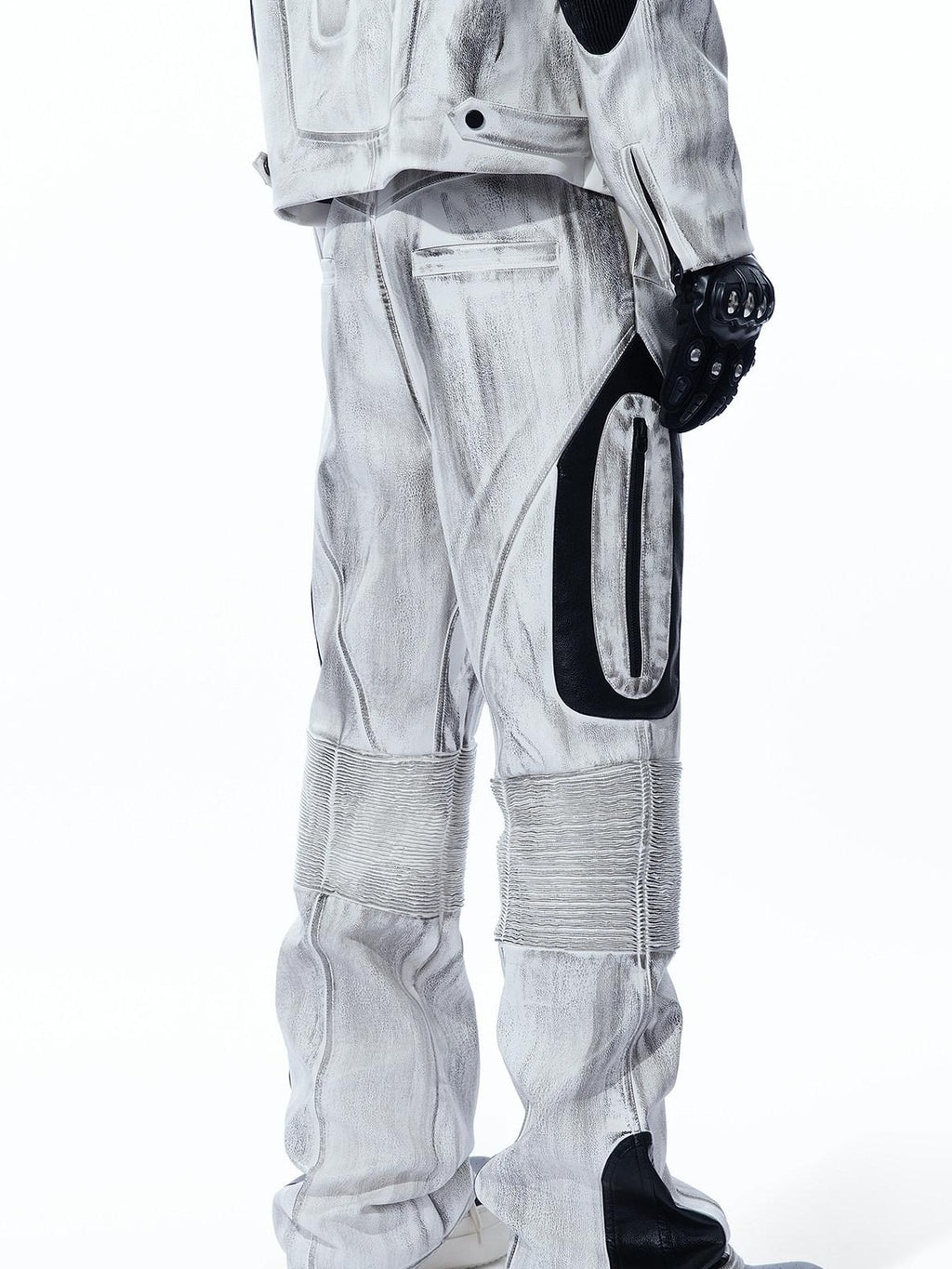 MOGONGSHE Distressed Gray White Patchwork Pleated Biker Women's Leather Flare Pants