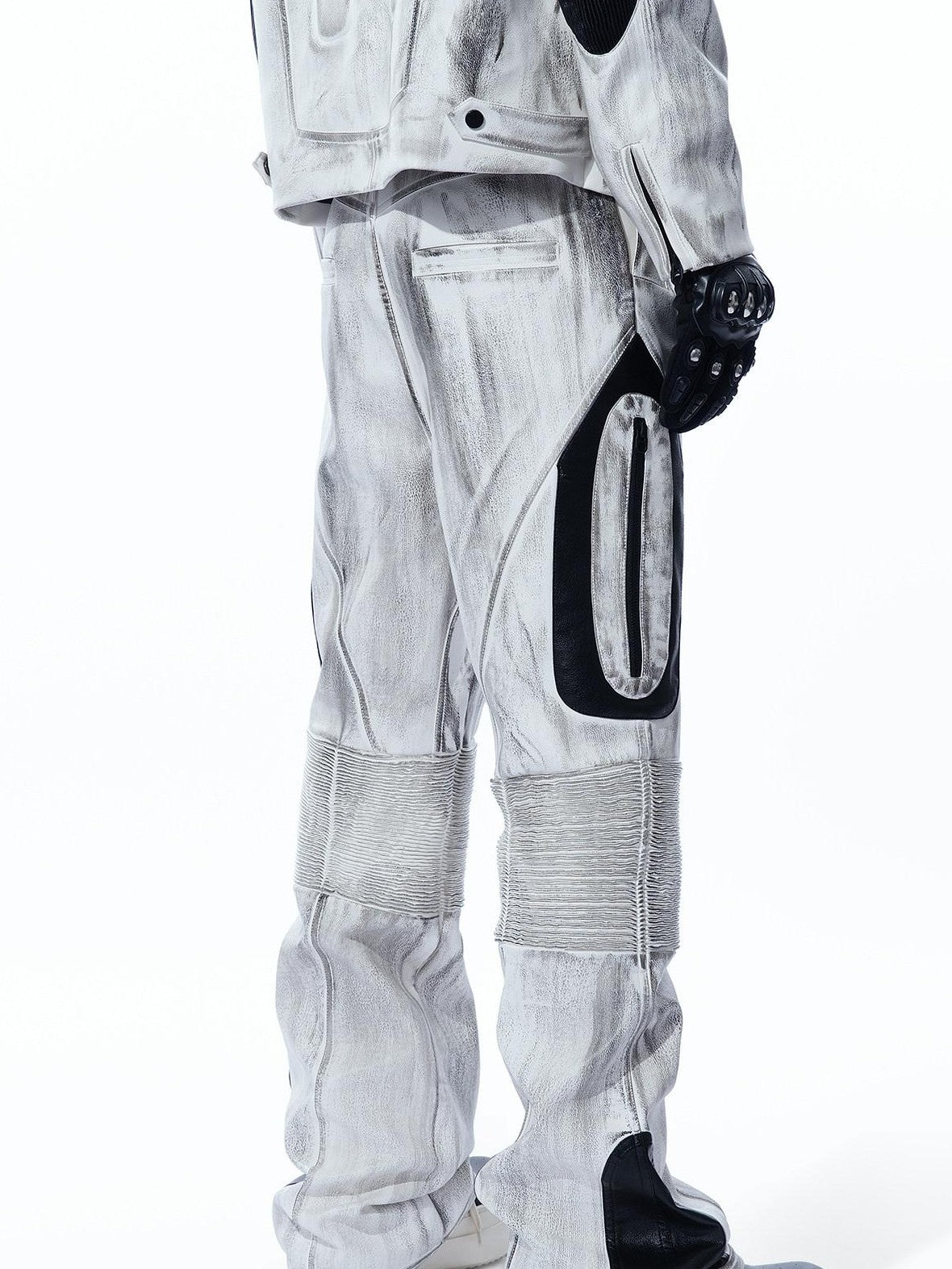 MOGONGSHE Distressed Gray White Patchwork Pleated Biker Women's Leather Flare Pants