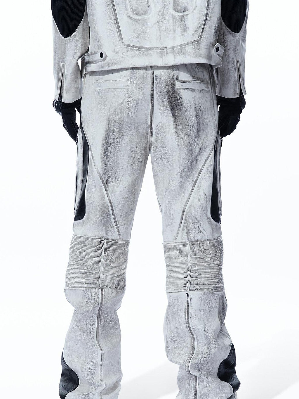 MOGONGSHE Distressed Gray White Patchwork Pleated Biker Women's Leather Flare Pants