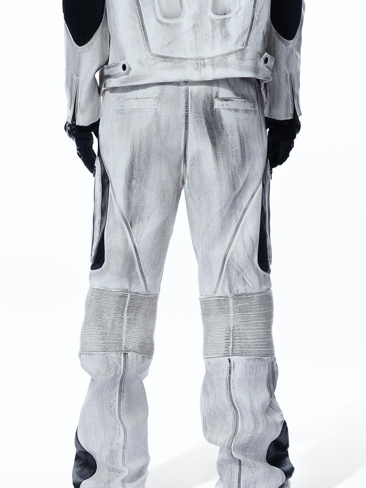 MOGONGSHE Distressed Gray White Patchwork Pleated Biker Women's Leather Flare Pants