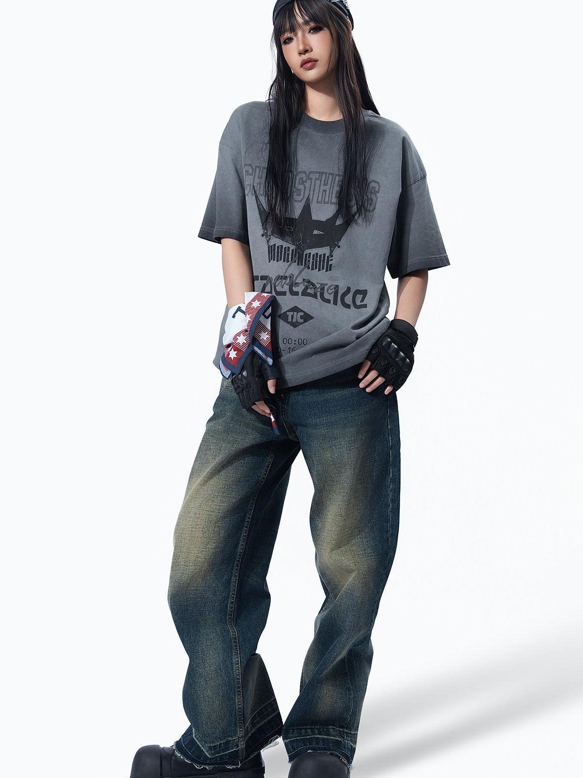 MOGONGSHE Distressed Vintage Print Hip Hop Streetwear Women's Short Sleeve T-shirts