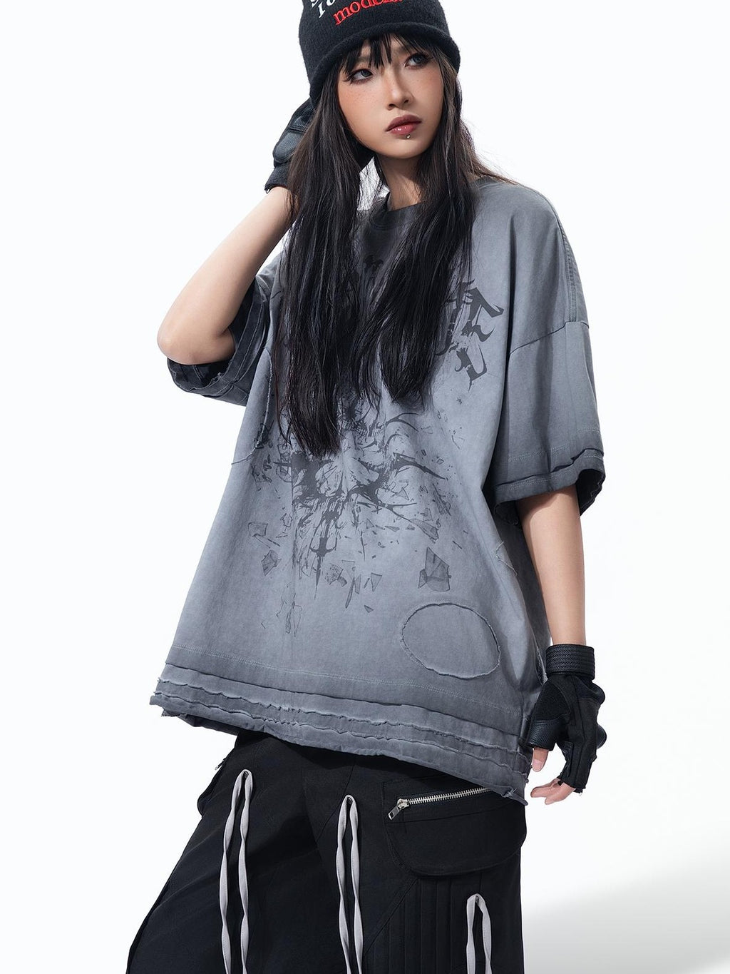 MOGONGSHE Distressed Washed Graphic Loose Fit Women's Cotton Short Sleeve T-shirts