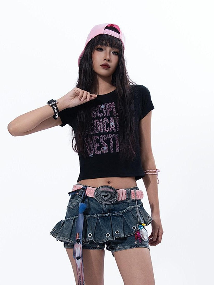 MOGONGSHE Dopamine Pink Leopard Letter And Star Print American Street Women's Crop Tops