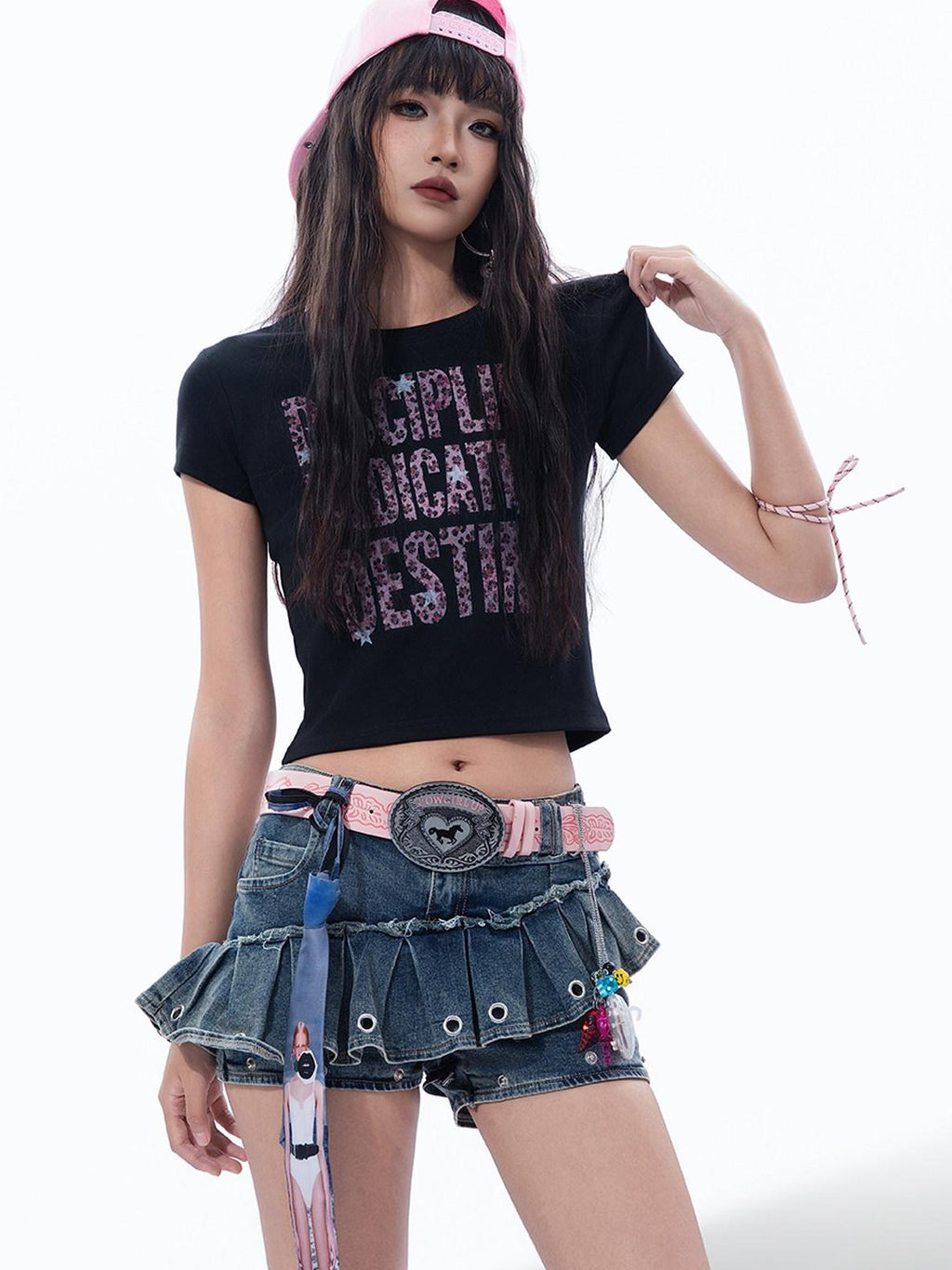 MOGONGSHE Dopamine Pink Leopard Letter And Star Print American Street Women's Crop Tops
