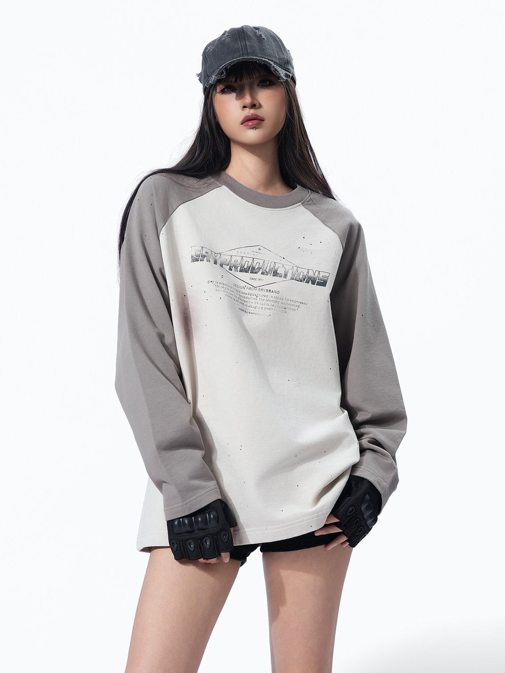 MOGONGSHE Edgy Colorblock Spray Paint Distressed Streetstyle Women's Long Sleeve T-shirts