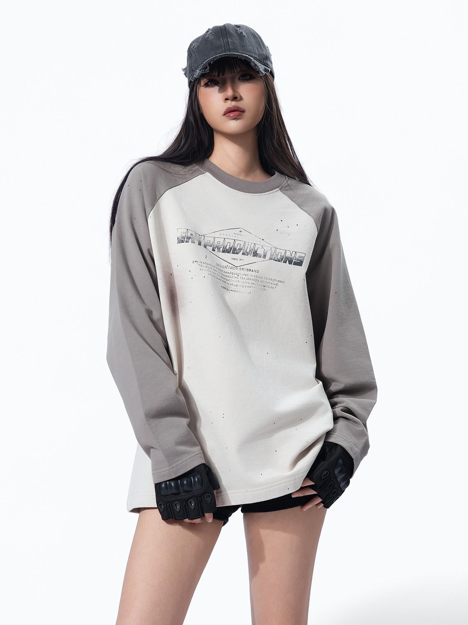 MOGONGSHE Edgy Colorblock Spray Paint Distressed Streetstyle Women's Long Sleeve T-shirts