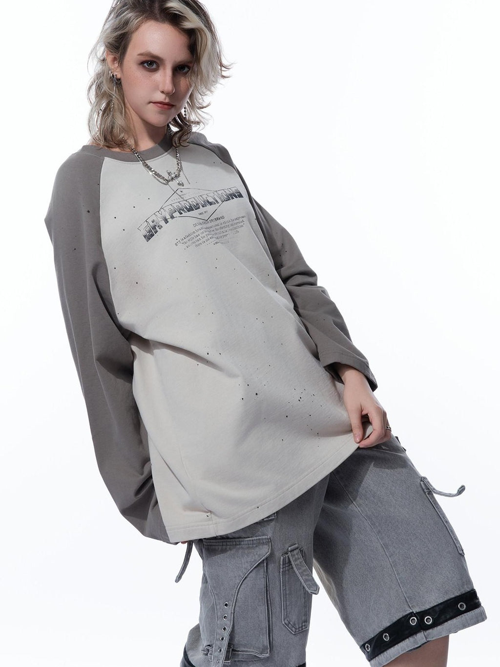 MOGONGSHE Edgy Colorblock Spray Paint Distressed Streetstyle Women's Long Sleeve T-shirts