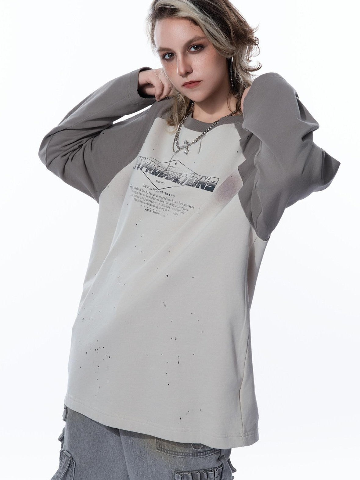 MOGONGSHE Edgy Colorblock Spray Paint Distressed Streetstyle Women's Long Sleeve T-shirts