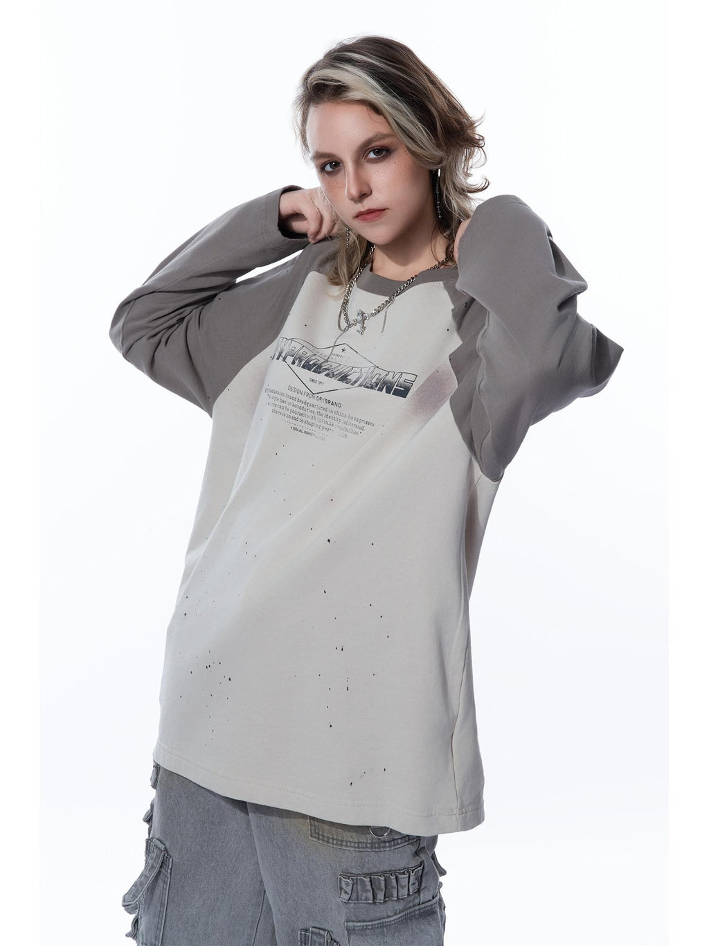 MOGONGSHE Edgy Colorblock Spray Paint Distressed Streetstyle Women's Long Sleeve T-shirts