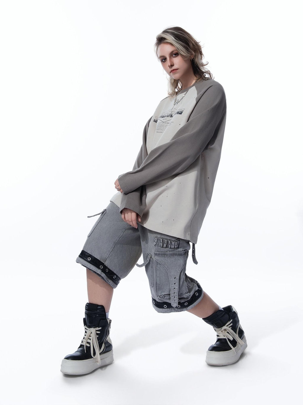 MOGONGSHE Edgy Colorblock Spray Paint Distressed Streetstyle Women's Long Sleeve T-shirts