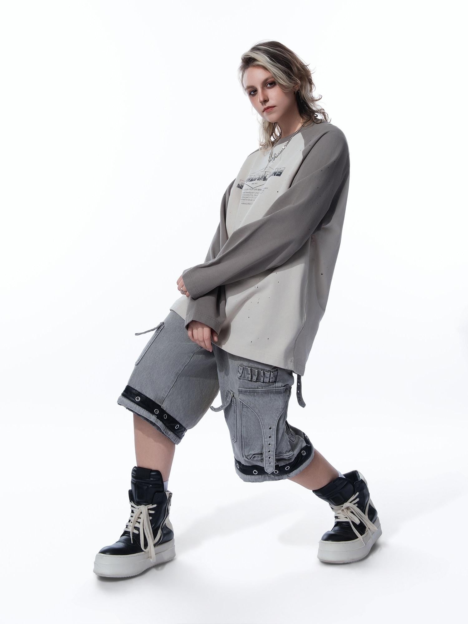 MOGONGSHE Edgy Colorblock Spray Paint Distressed Streetstyle Women's Long Sleeve T-shirts