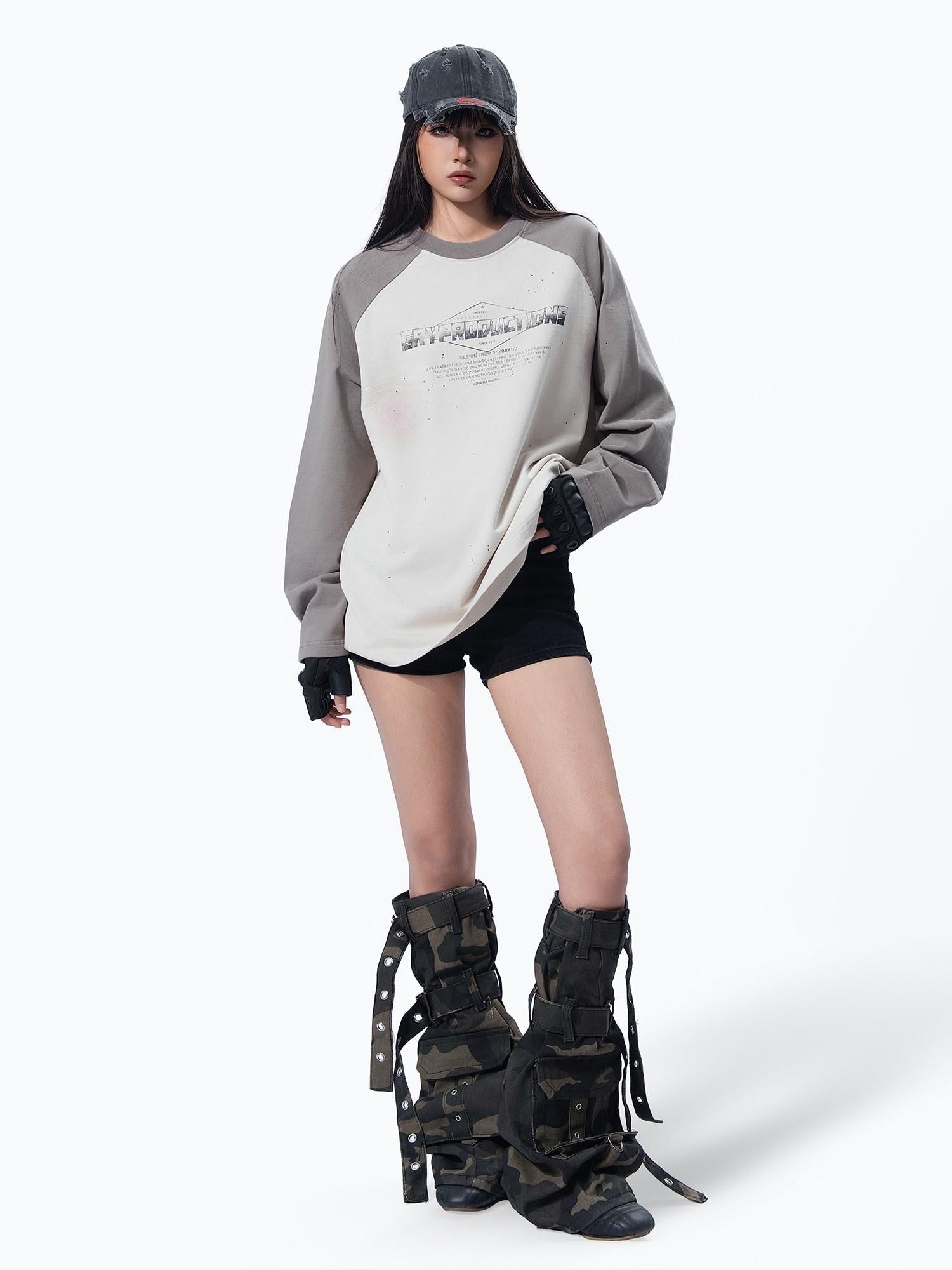 MOGONGSHE Edgy Colorblock Spray Paint Distressed Streetstyle Women's Long Sleeve T-shirts