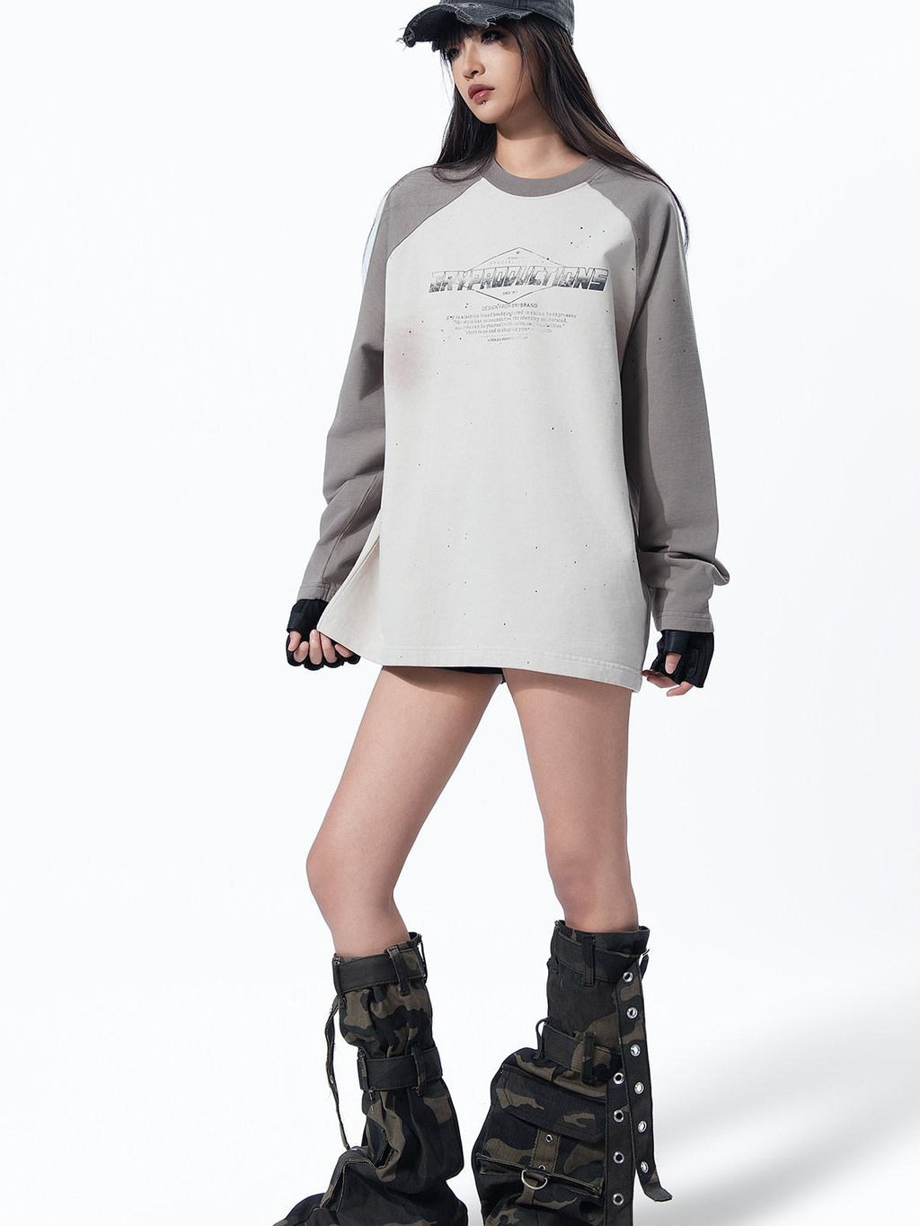 MOGONGSHE Edgy Colorblock Spray Paint Distressed Streetstyle Women's Long Sleeve T-shirts