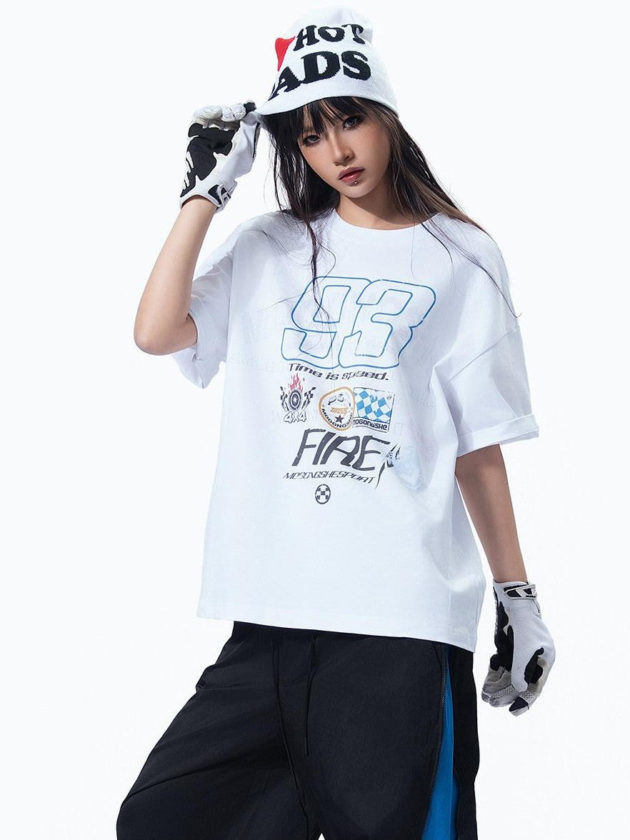 MOGONGSHE Edgy Digital Moto Street Print Loose Women's Cotton Short Sleeve T-shirts
