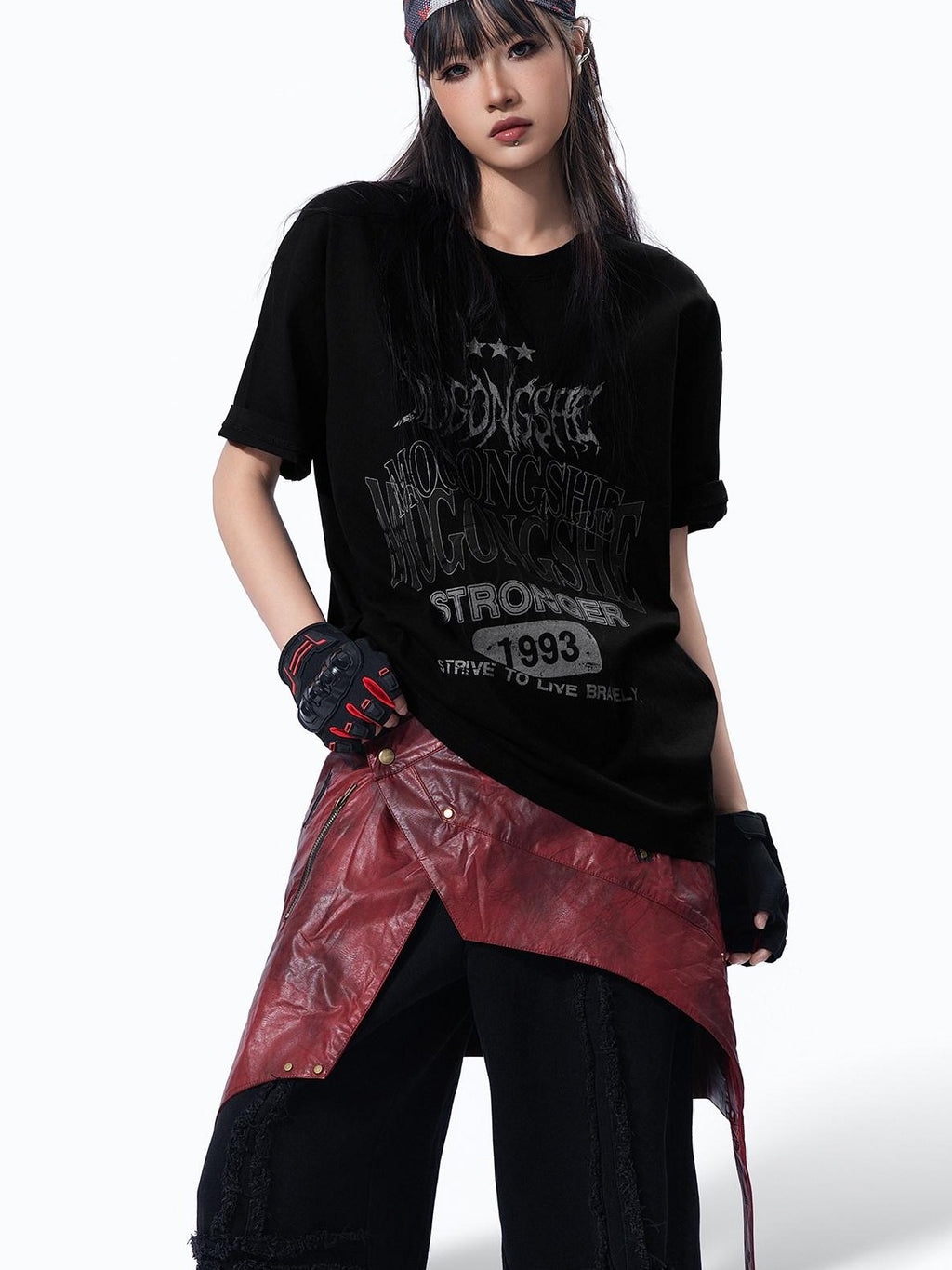 MOGONGSHE Edgy Retro Letter Print Oversized Women's Cotton Short Sleeve T-shirts