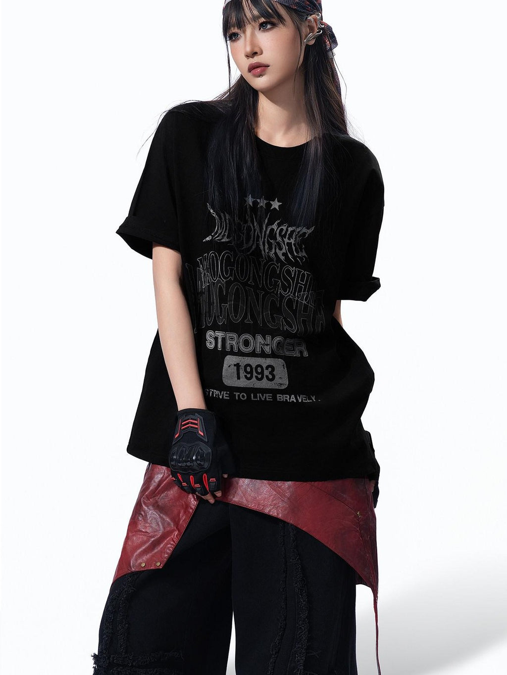 MOGONGSHE Edgy Retro Letter Print Oversized Women's Cotton Short Sleeve T-shirts