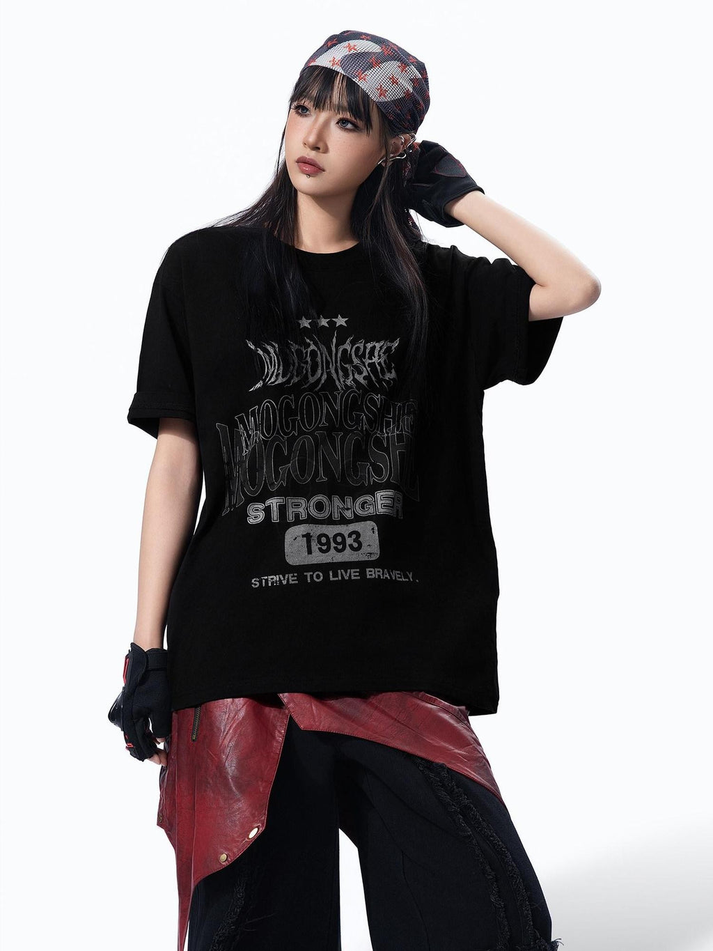 MOGONGSHE Edgy Retro Letter Print Oversized Women's Cotton Short Sleeve T-shirts