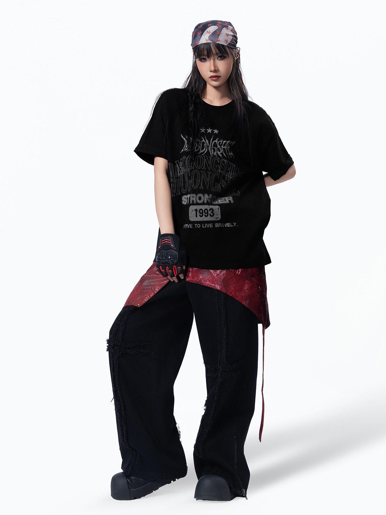 MOGONGSHE Edgy Retro Letter Print Oversized Women's Cotton Short Sleeve T-shirts