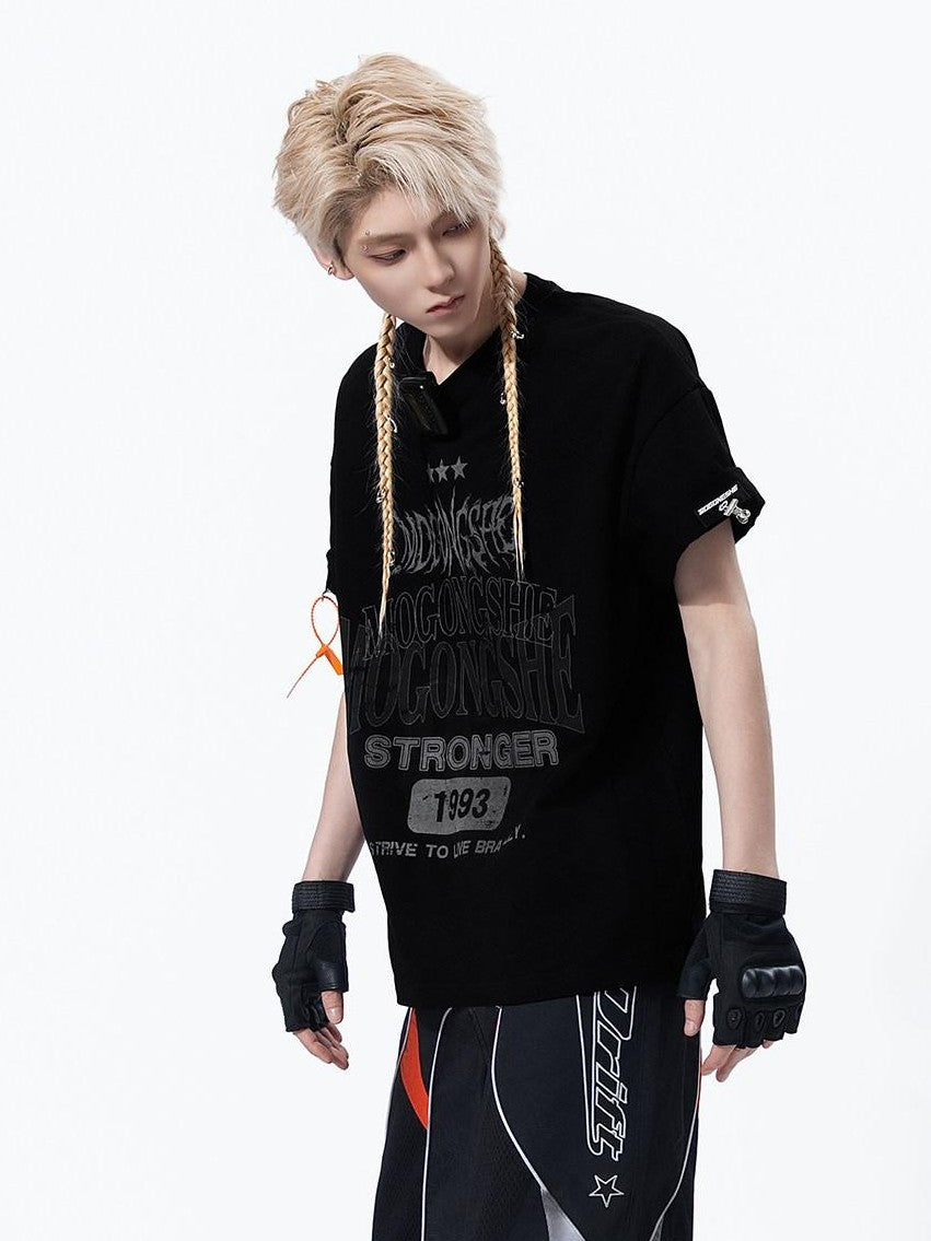 MOGONGSHE Edgy Retro Letter Print Oversized Women's Cotton Short Sleeve T-shirts