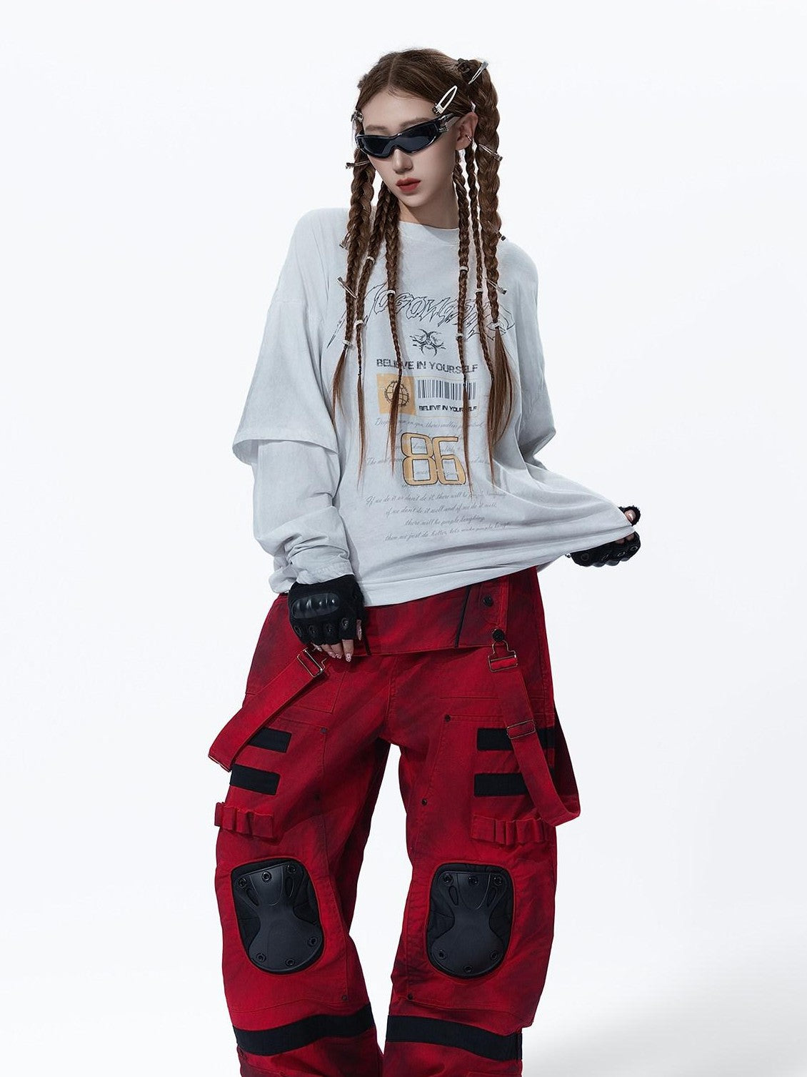 MOGONGSHE Grunge Faux Layered Distressed Print Women's Lightweight Long Sleeve T-shirts