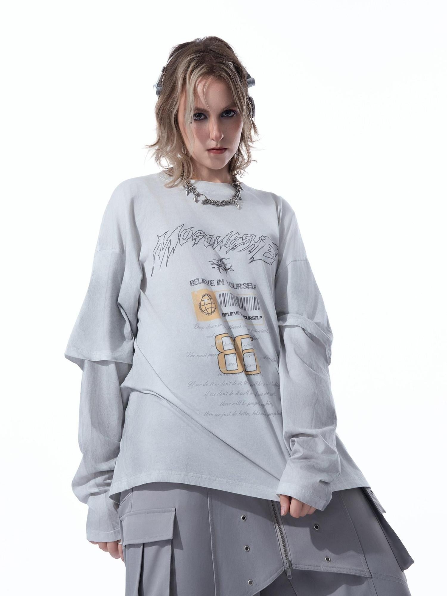 MOGONGSHE Grunge Faux Layered Distressed Print Women's Lightweight Long Sleeve T-shirts