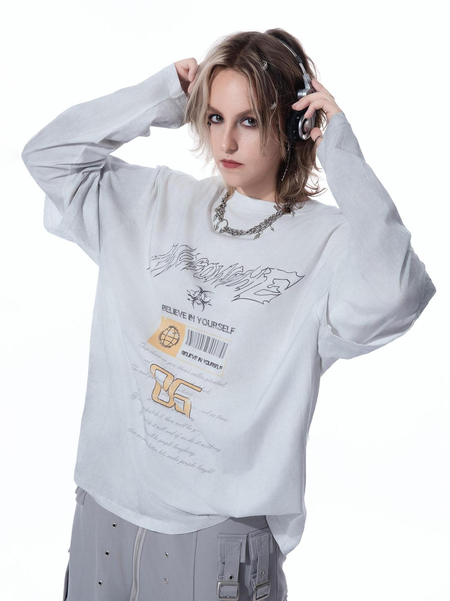 MOGONGSHE Grunge Faux Layered Distressed Print Women's Lightweight Long Sleeve T-shirts