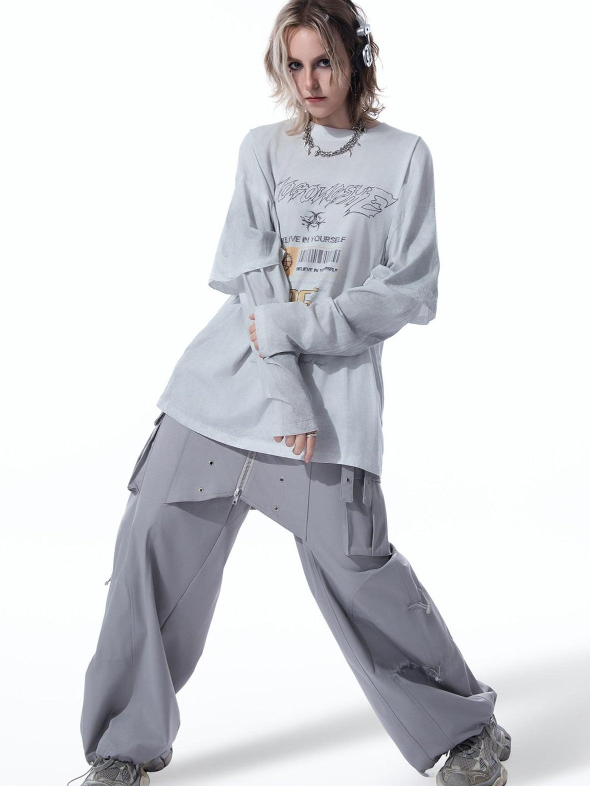 MOGONGSHE Grunge Faux Layered Distressed Print Women's Lightweight Long Sleeve T-shirts