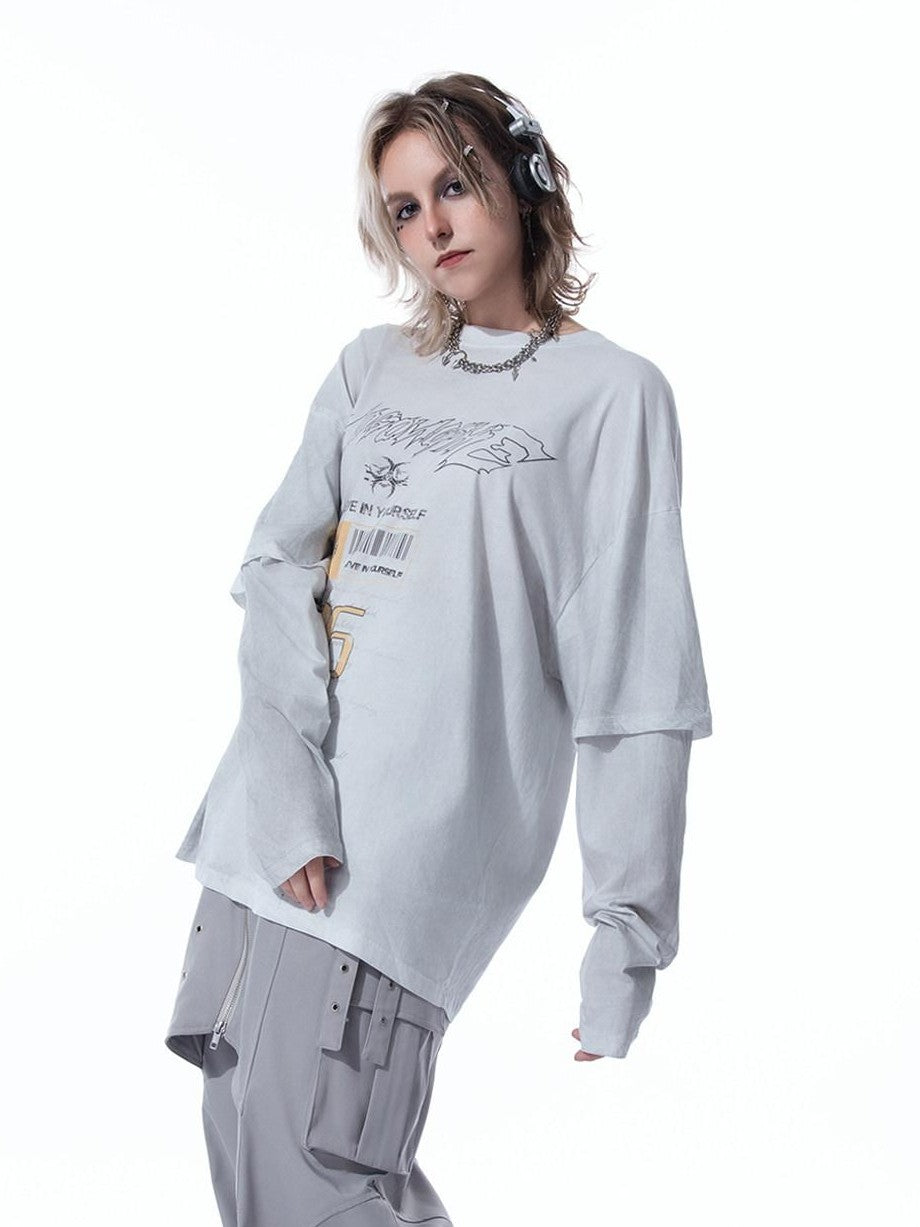 MOGONGSHE Grunge Faux Layered Distressed Print Women's Lightweight Long Sleeve T-shirts