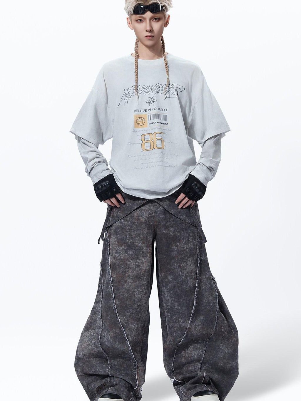 MOGONGSHE Grunge Faux Layered Distressed Print Women's Lightweight Long Sleeve T-shirts