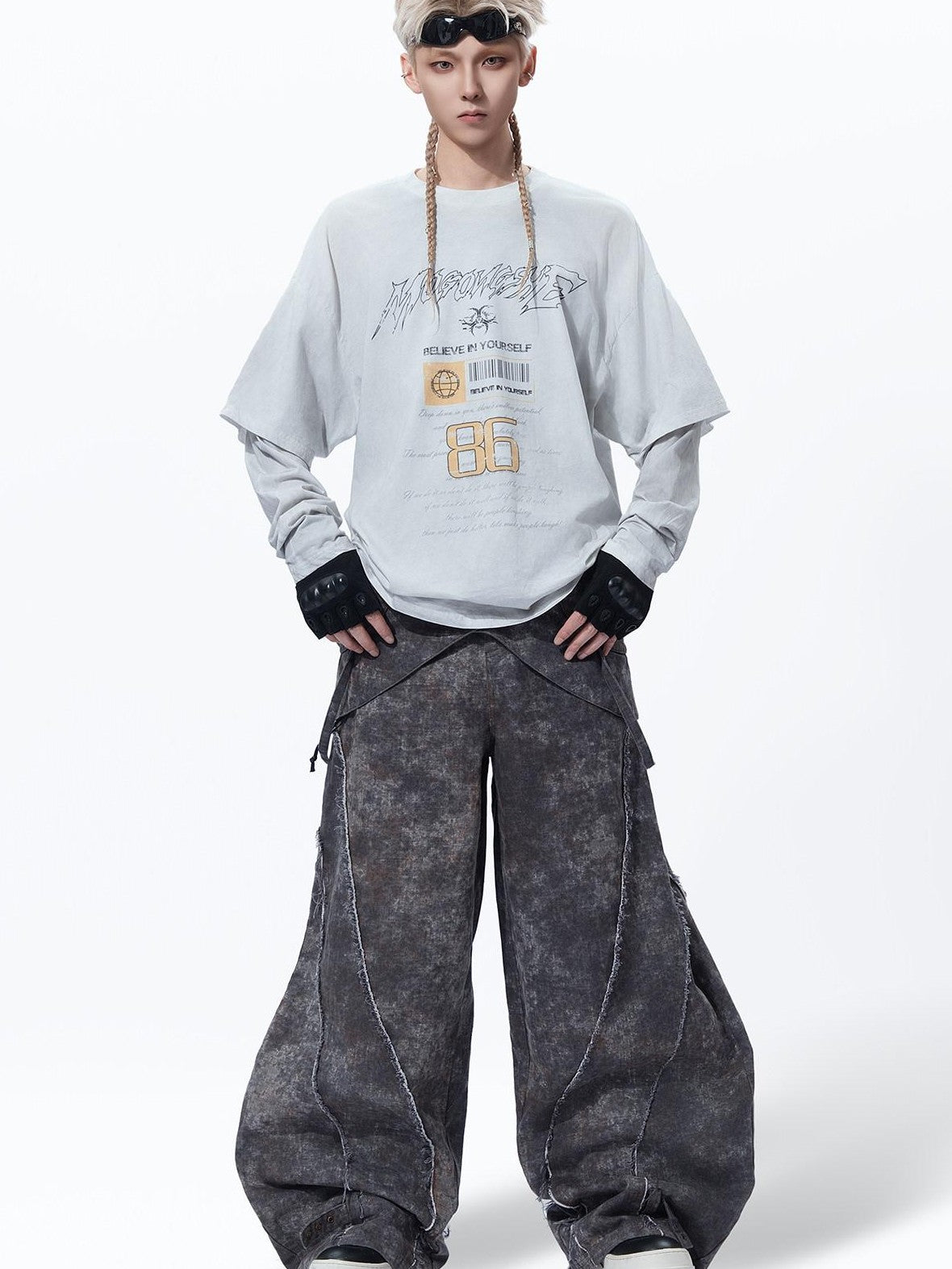 MOGONGSHE Grunge Faux Layered Distressed Print Women's Lightweight Long Sleeve T-shirts