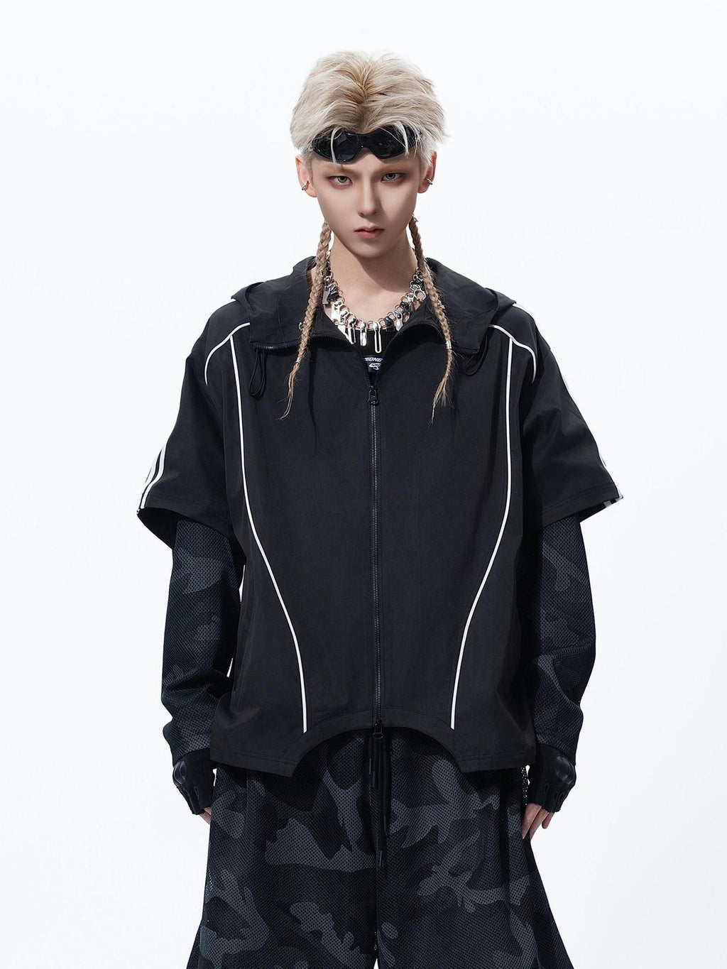 MOGONGSHE Hooded Patchwork Black Camo American Vintage Women's Casual Jackets