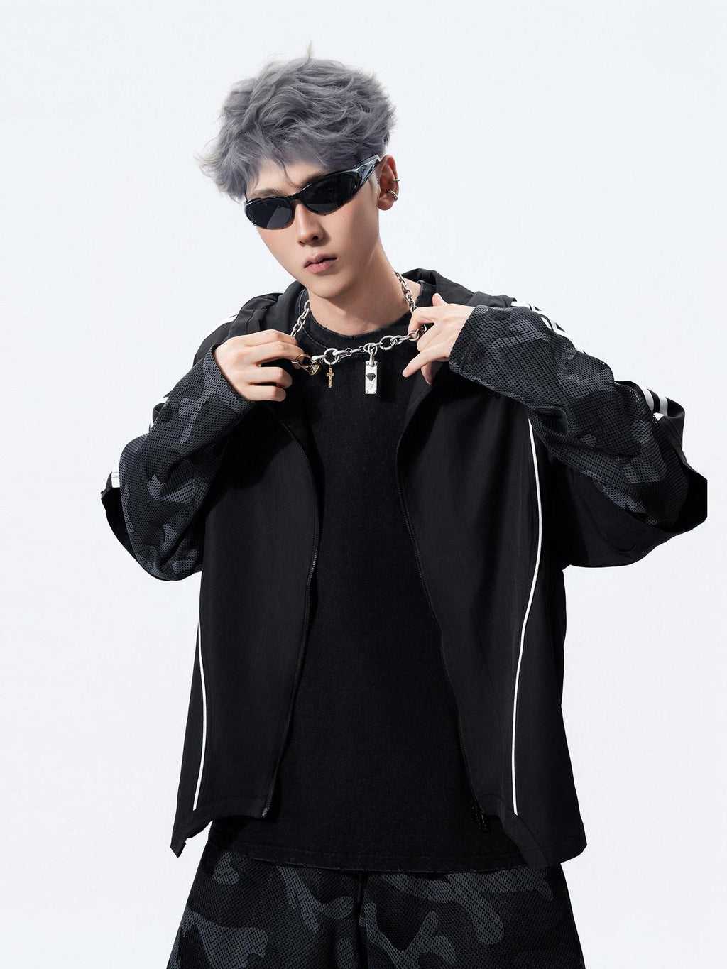 MOGONGSHE Hooded Patchwork Black Camo American Vintage Women's Casual Jackets