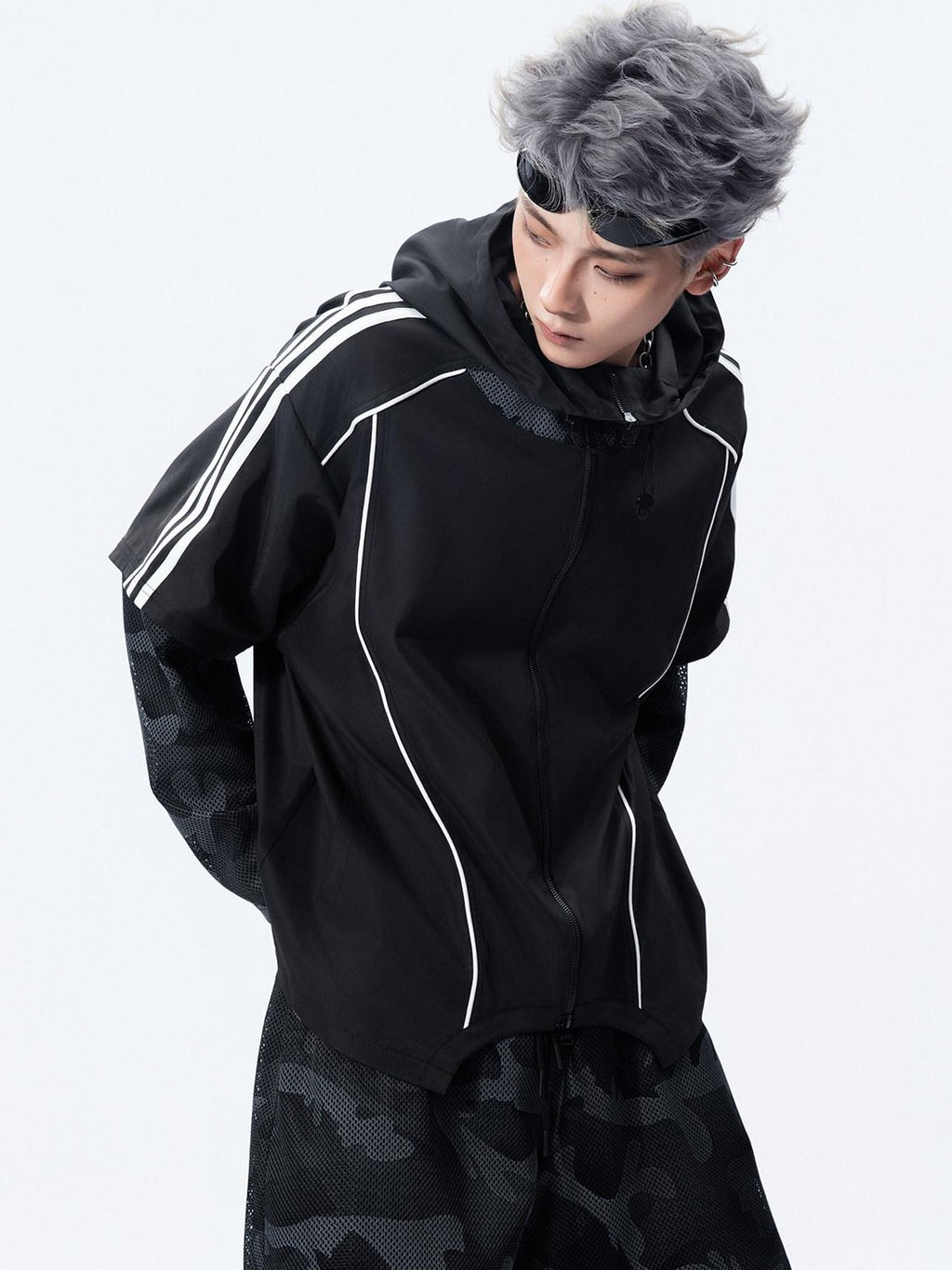 MOGONGSHE Hooded Patchwork Black Camo American Vintage Women's Casual Jackets