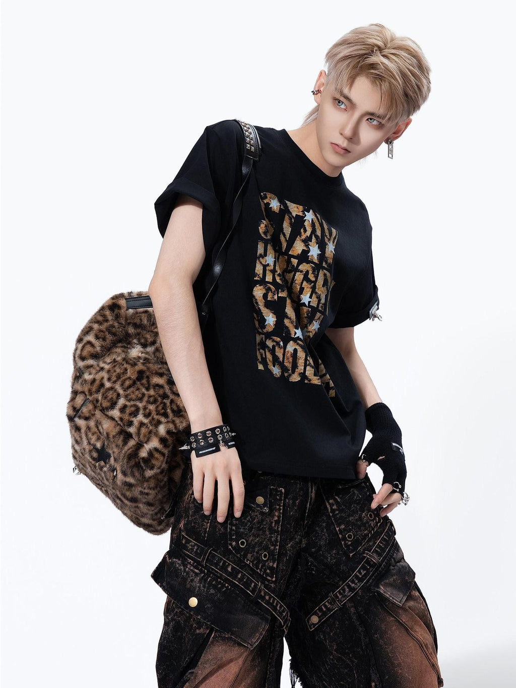 MOGONGSHE Leopard Star Distressed Letter Print Loose Women's Short Sleeve T-shirts