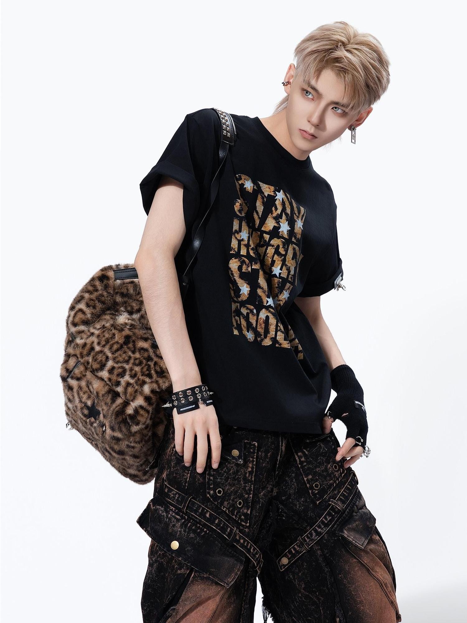 MOGONGSHE Leopard Star Distressed Letter Print Loose Women's Short Sleeve T-shirts