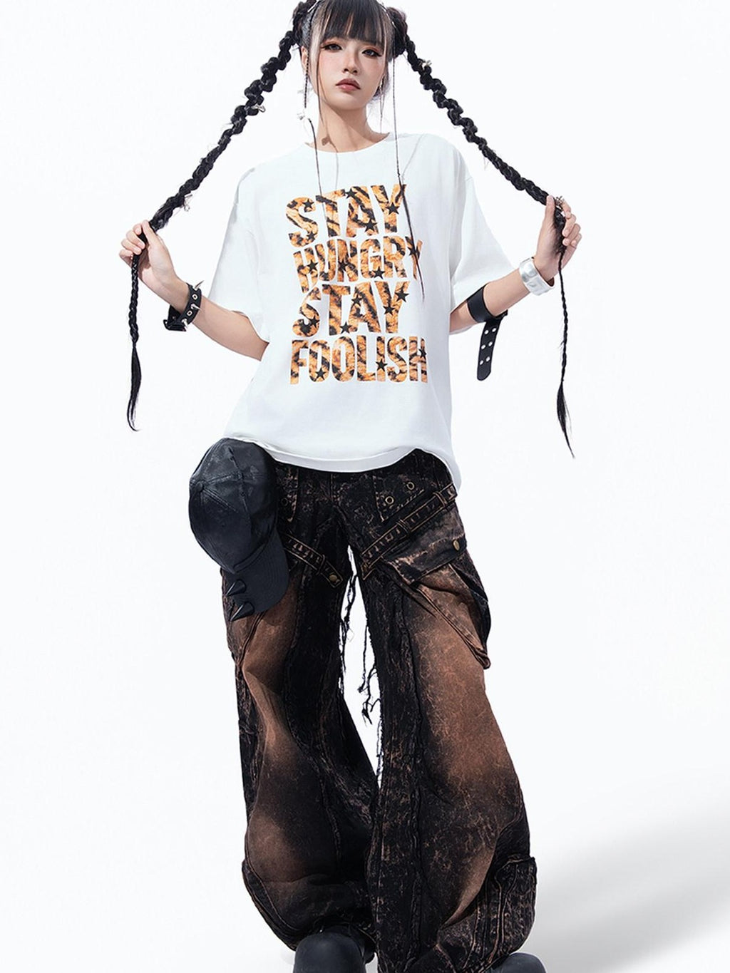 MOGONGSHE Leopard Star Distressed Letter Print Loose Women's Short Sleeve T-shirts