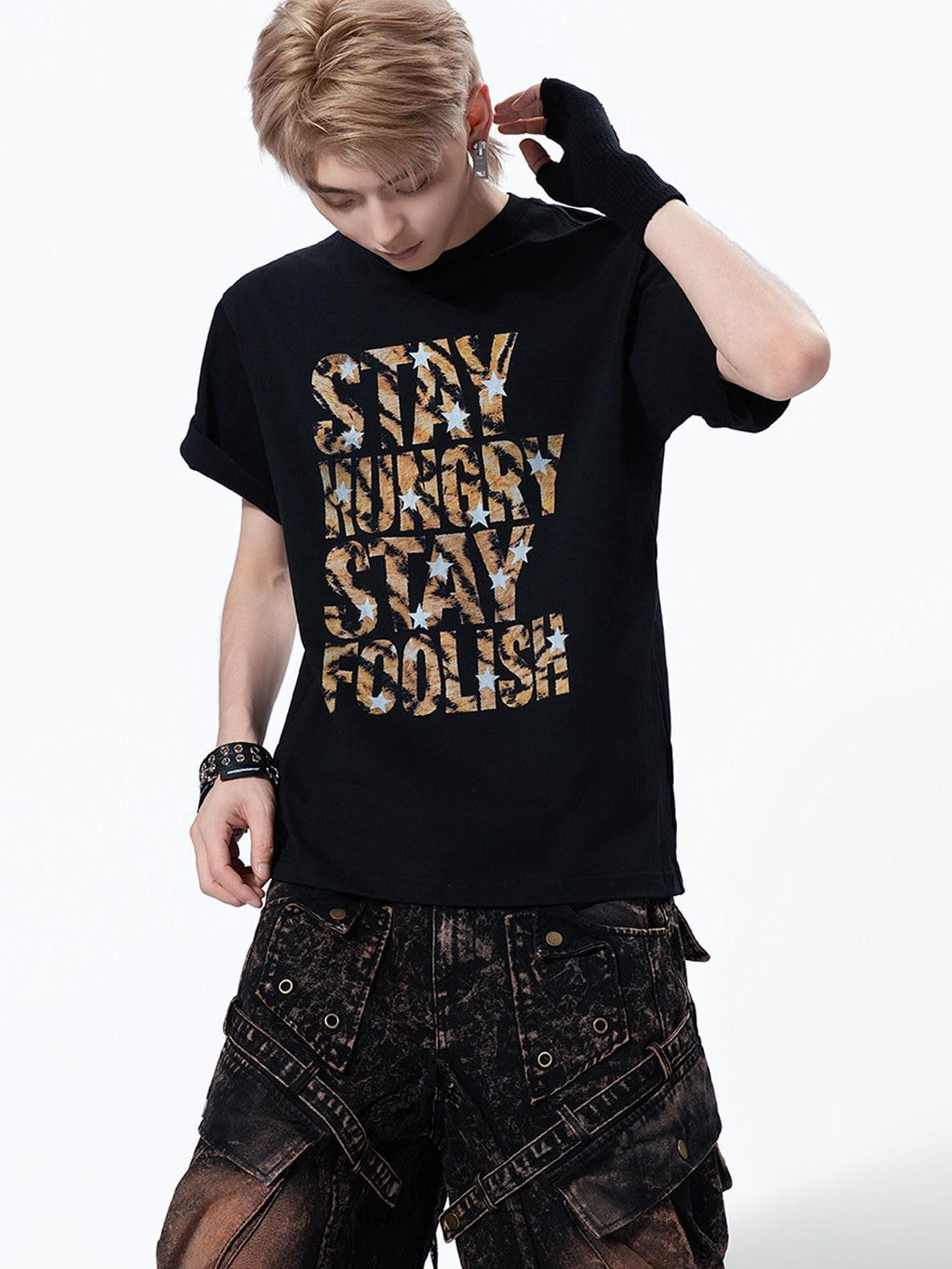 MOGONGSHE Leopard Star Distressed Letter Print Loose Women's Short Sleeve T-shirts