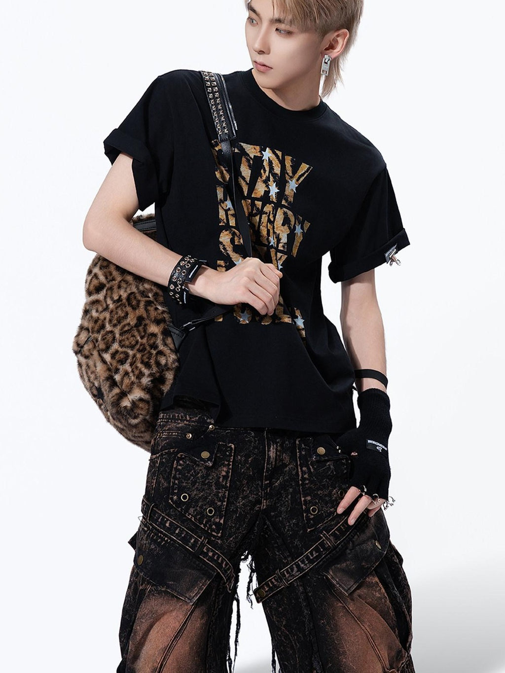 MOGONGSHE Leopard Star Distressed Letter Print Loose Women's Short Sleeve T-shirts