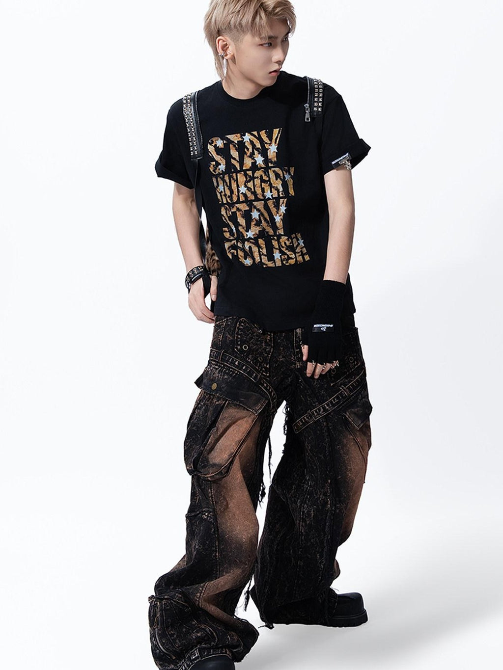 MOGONGSHE Leopard Star Distressed Letter Print Loose Women's Short Sleeve T-shirts